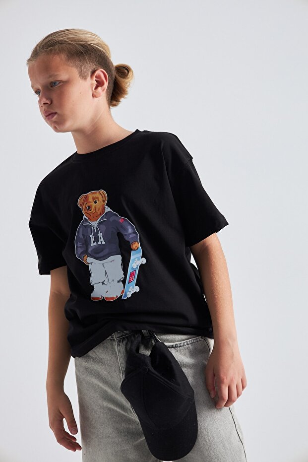 Teddy Bear Skateboard Design Printed 100% Cotton Men's Oversize Kids T-Shirt