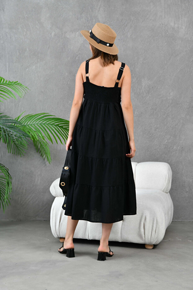 Kadın Siyah Kalın Askılı Drapeli Gipeli Dokuma Elbise - 8