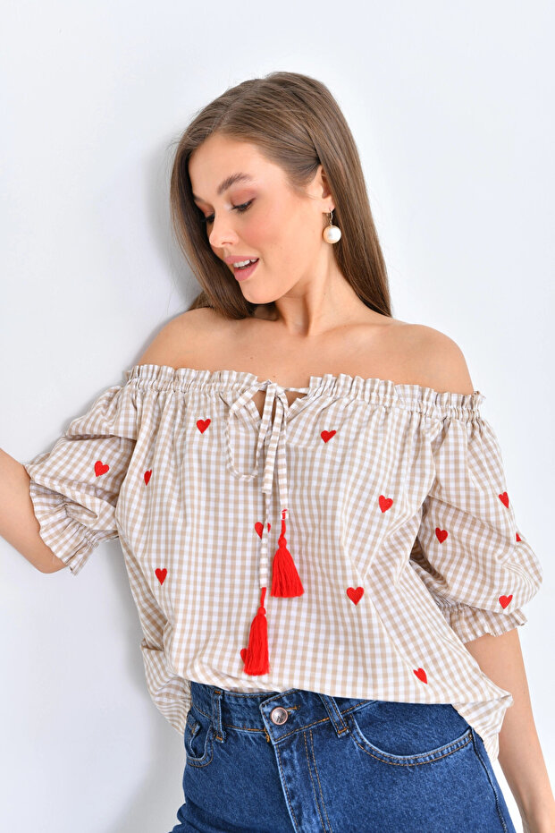 Μπεζ Oversize Μπλούζα - Gingham Collar, Ruffle - 5
