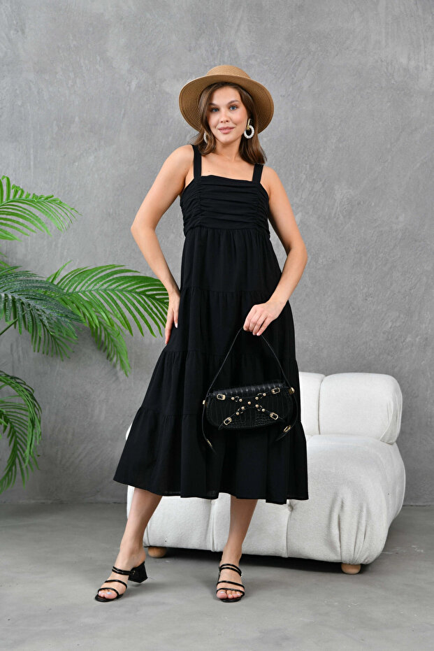 Kadın Siyah Kalın Askılı Drapeli Gipeli Dokuma Elbise - 4