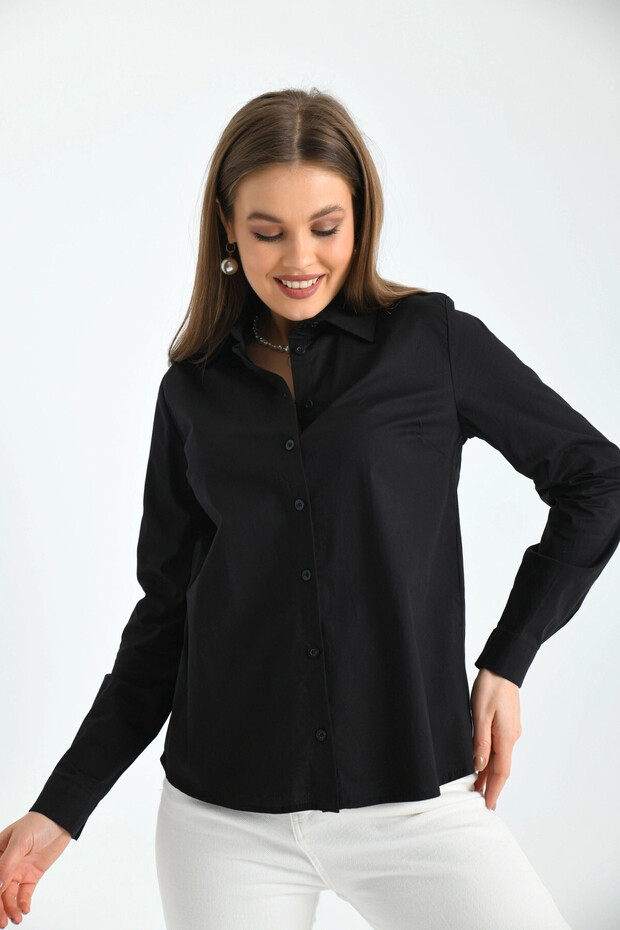 Kadın Siyah Basic Dokuma Gömlek - 3