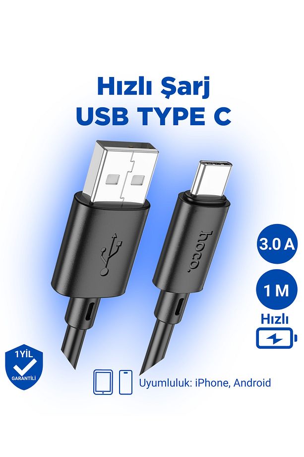 X88 3a Type-c To Usb Iphone Android Uyumlu Hızlı Şarj Veri Kablosu Siyah 1 Metre - 1