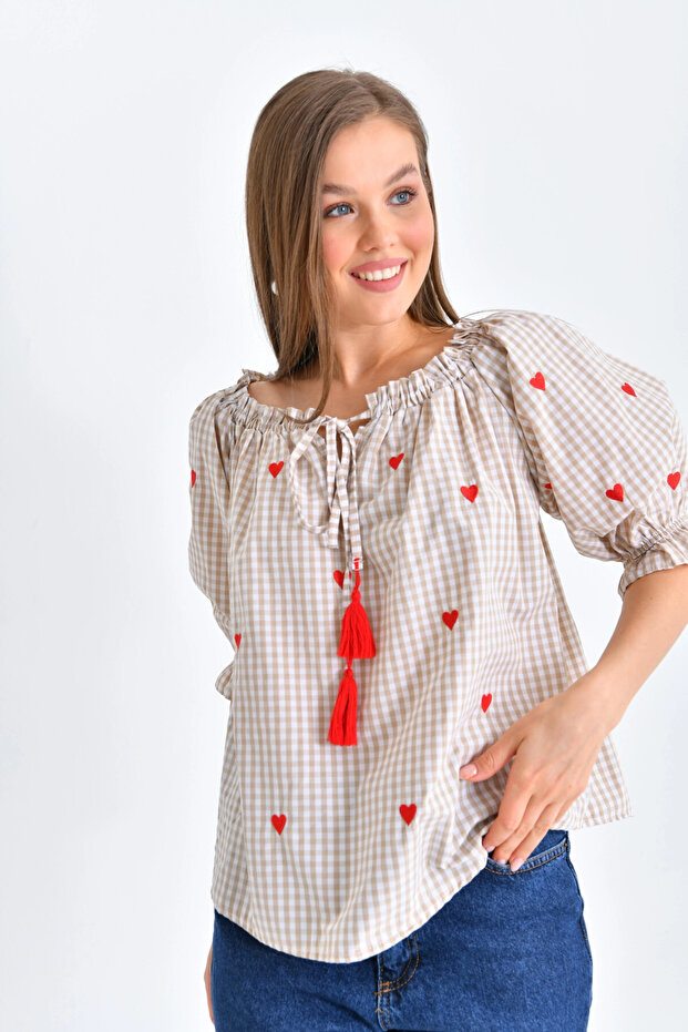 Μπεζ Oversize Μπλούζα - Gingham Collar, Ruffle - 2
