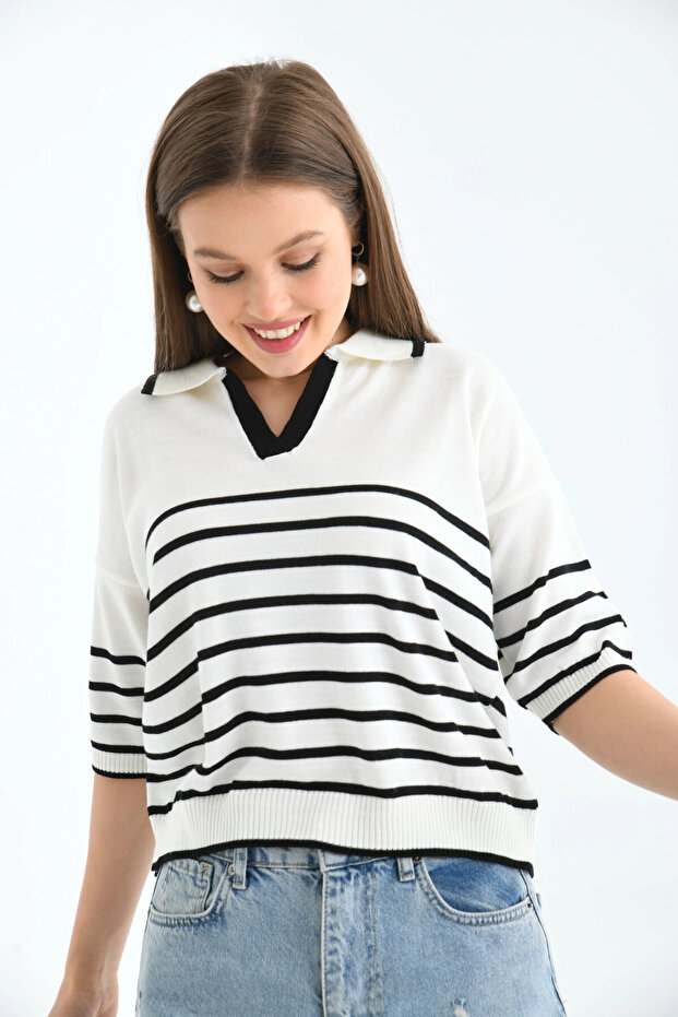 Women's Polo Collar Striped Knitwear Sweater Top-Ecru-Black