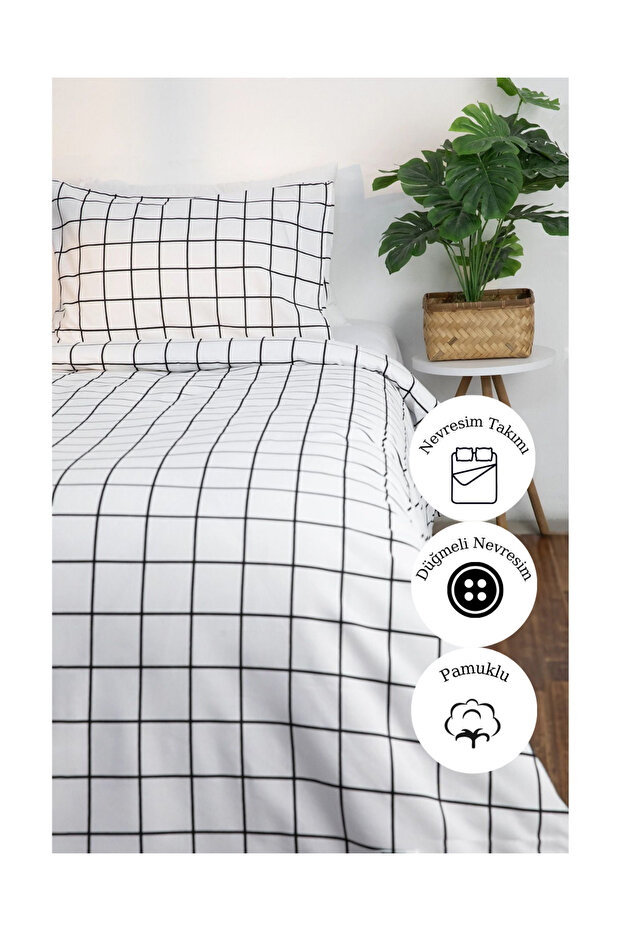 Ranforce White Checkered Single Duvet Cover Set – 160X220 | Cotton | Comfortable & Soft