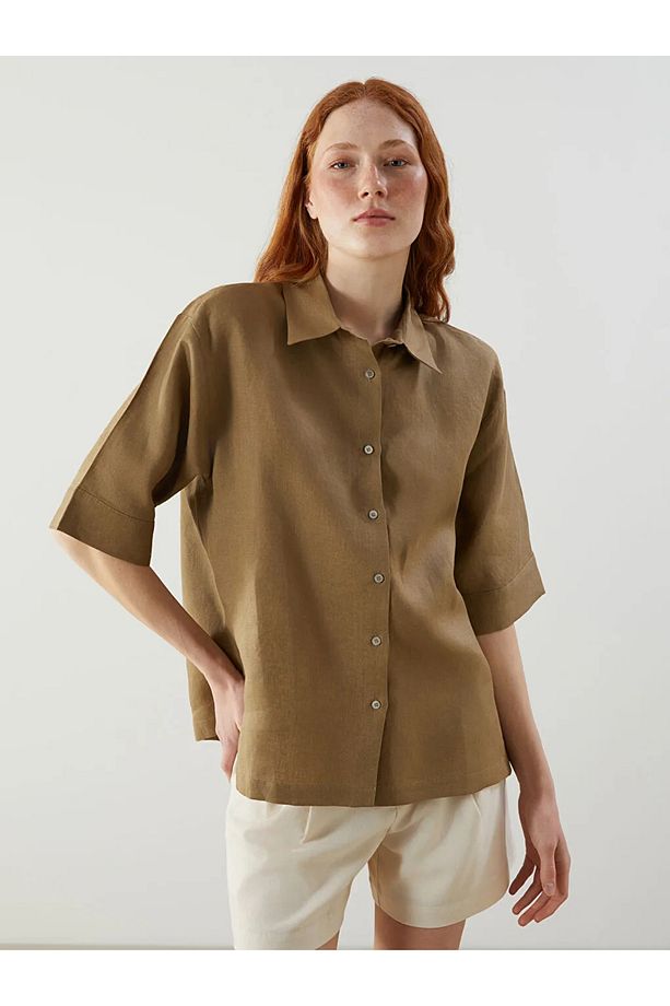 LCW Vision Haki Oversize Keten Kadın Gömlek - 5