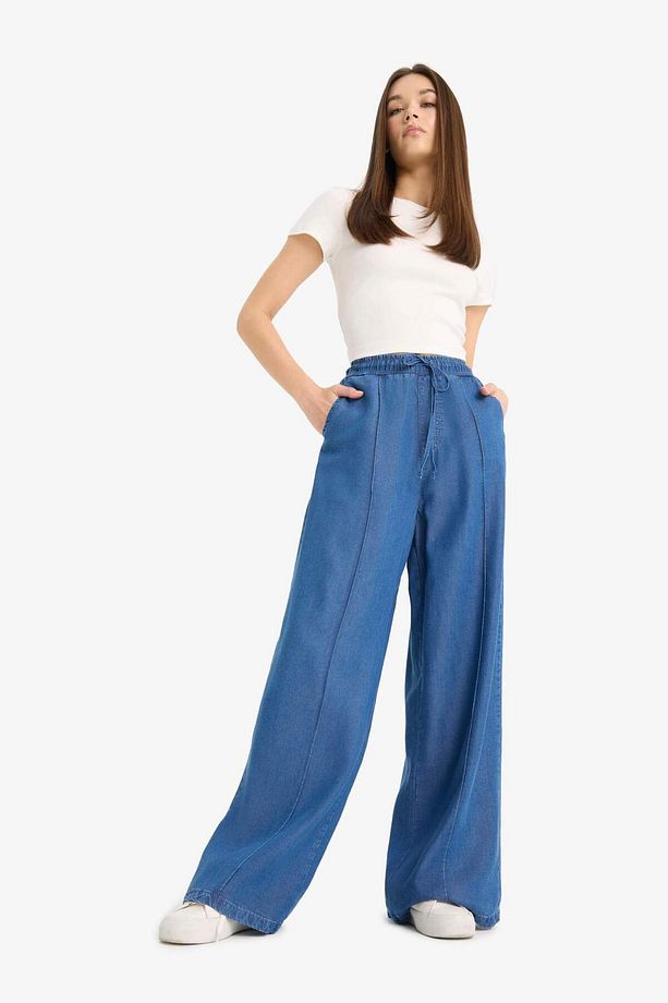 Pull On Wide Leg Yüksek Bel Uzun Yumuşak Jean Yıkamalı Pantolon D8243AX25SM - 3