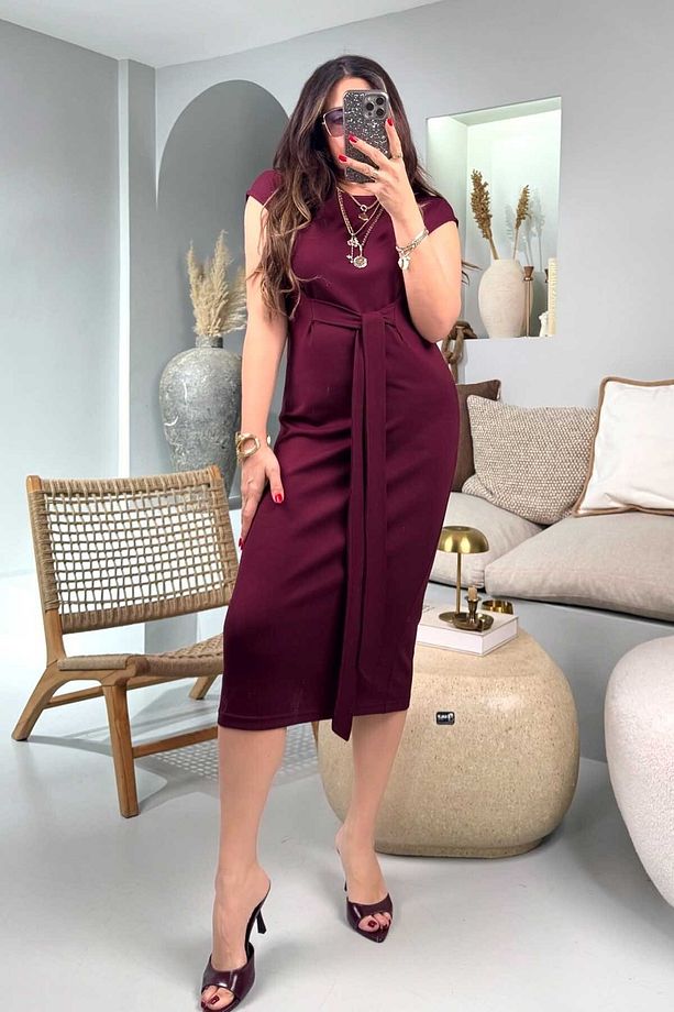 Modal Kumaş Yarım Kuşaklı Elbise Bordo - 7