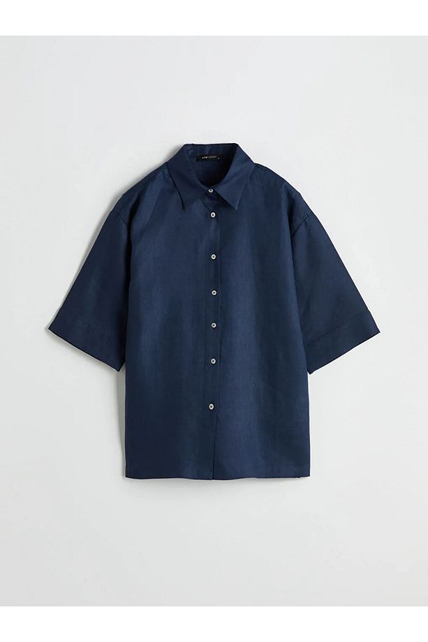LCW Vision Indigo Oversize Keten Kadın Gömlek - 5