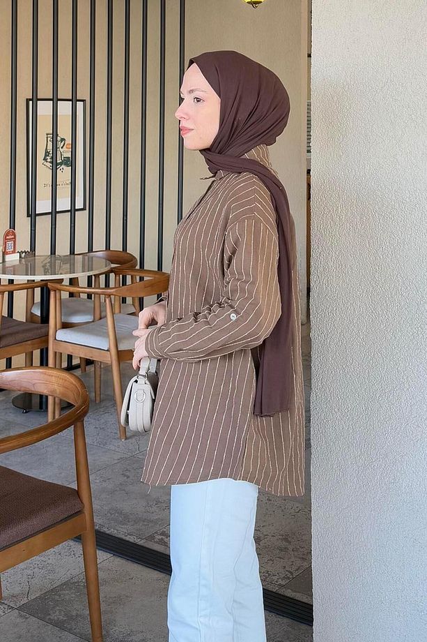 Keten Çizgili Gömlek Çikolata Kahve - 2