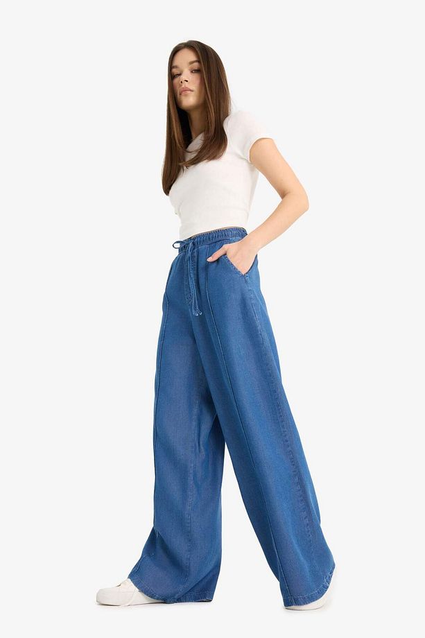 Pull On Wide Leg Yüksek Bel Uzun Yumuşak Jean Yıkamalı Pantolon D8243AX25SM - 4