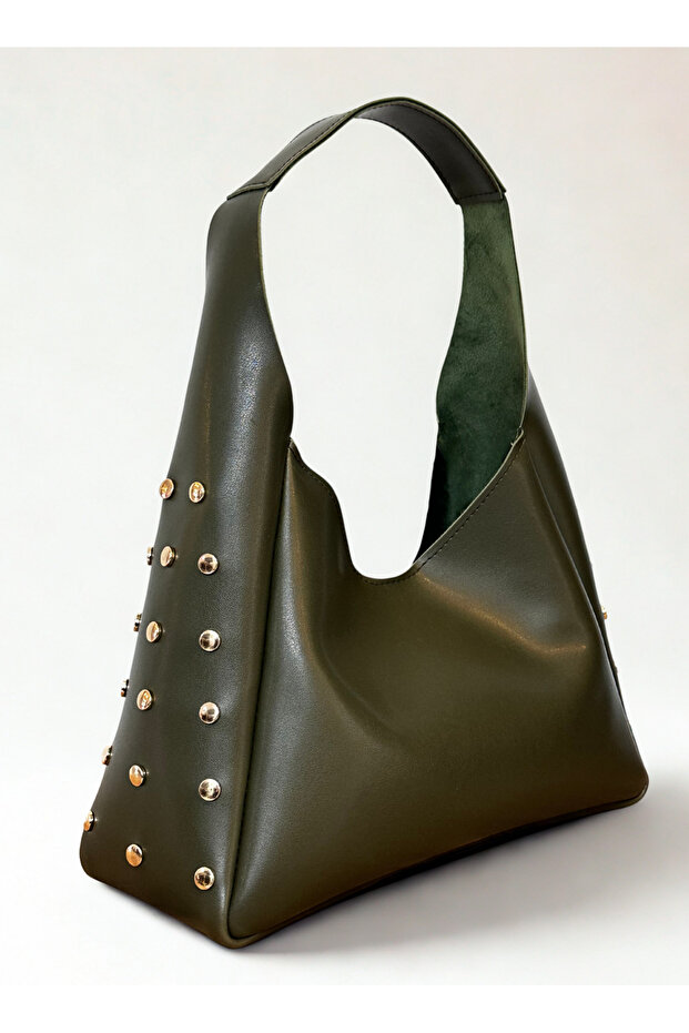 Women's Side Staple Detailed Khaki Hand and Shoulder Bag with Snap Closure and Zippered Interior Compartment