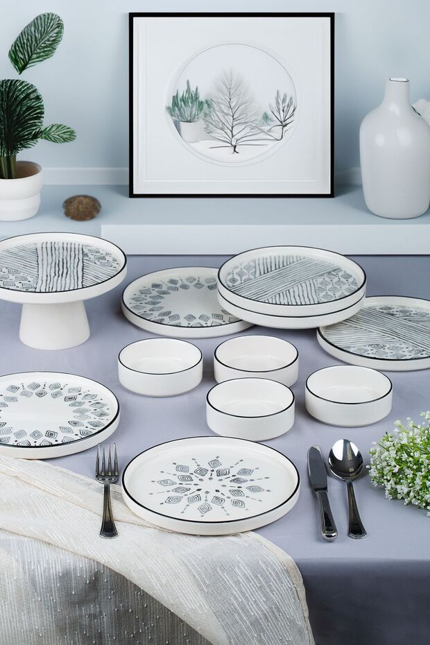 11-Piece Stackable Ethnical Breakfast Set for 6 People, Including Footed Serving Plates - Serving Set - 3