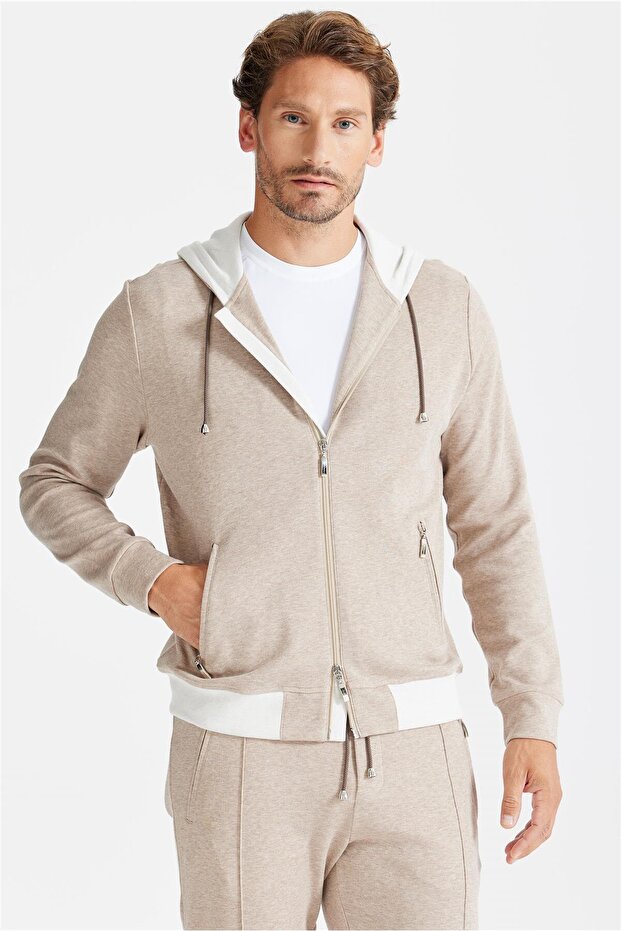 Bej Pamuk Kapüşonlu Eşofman Takımı - 3
