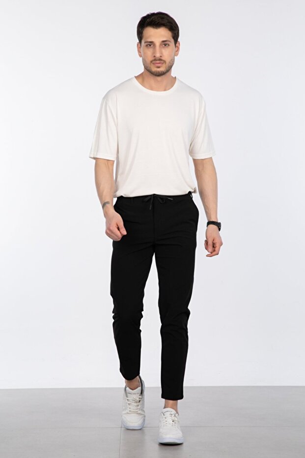 Önü Bağcıklı Jogger Pantolon - Siyah - 1