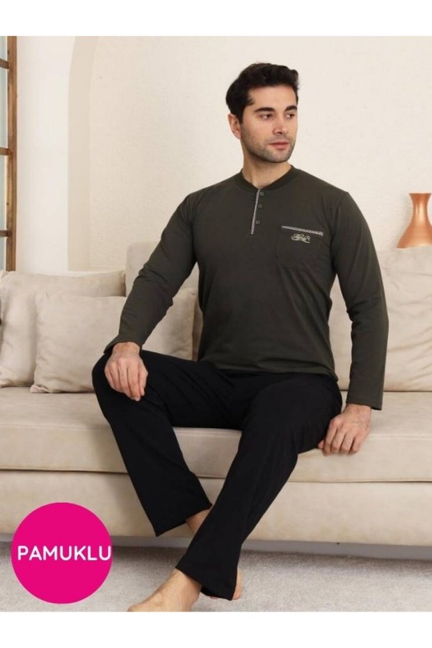Men's Green Crew Neck 3 Button Chest Pocket Cotton Lycra Seasonal Long Sleeve Pajama Set