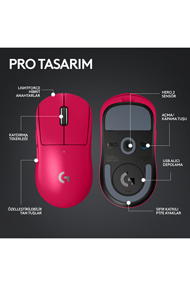 G Pro X Superlight 2 Lightspeed Kablosuz Magenta Gaming (OYUNCU) Mouse 910-006798 - 7