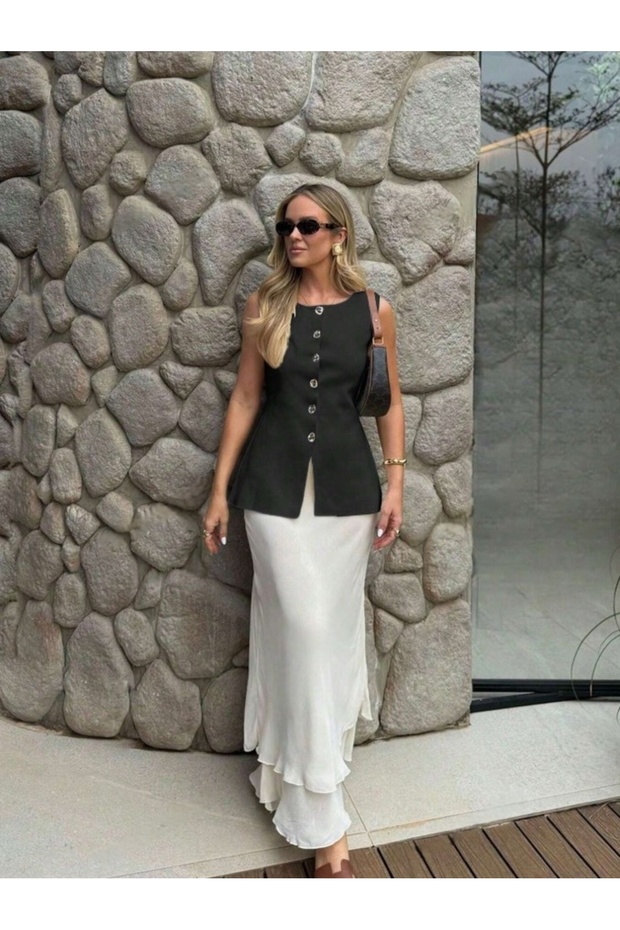 Women's White Crew Neck Gold Button Blouse Jacket Vest Fmoda12700