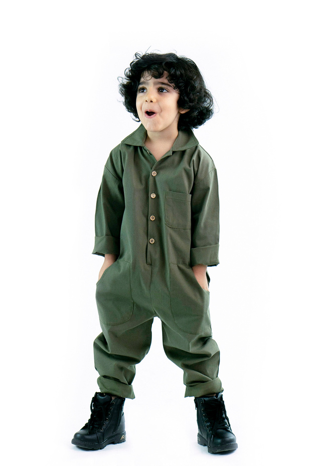 Khaki Seasonal Gabardine Collared Jumpsuit