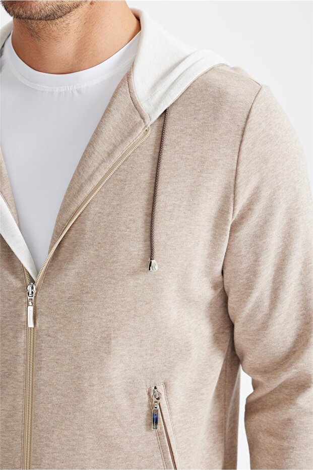 Bej Pamuk Kapüşonlu Eşofman Takımı - 5