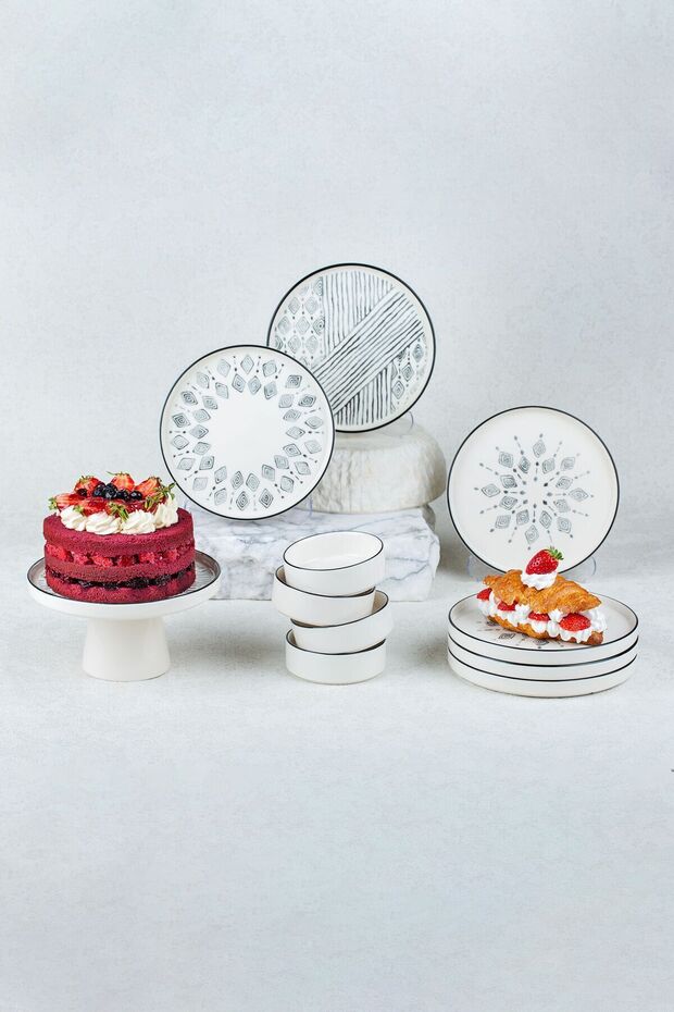 11-Piece Stackable Ethnical Breakfast Set for 6 People, Including Footed Serving Plates - Serving Set - 5