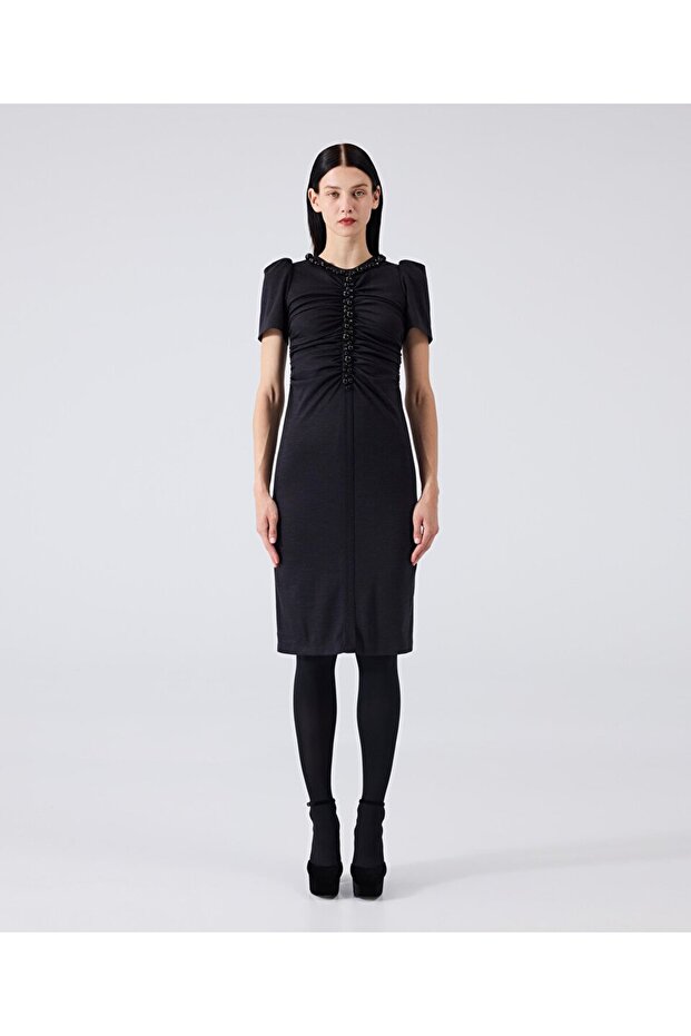 Boncuk işlemeli yün elbise - 2