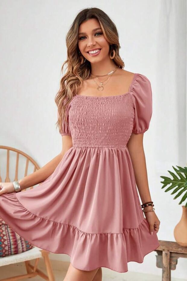 Pink Carmen Collar Ruffled Above Knee Gimped Aerobin Dress 95 cm