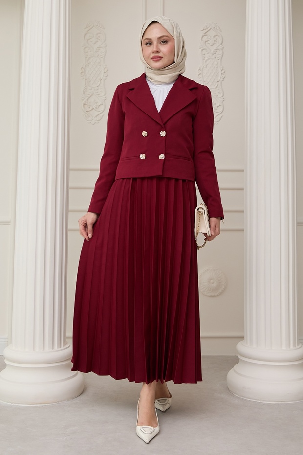 Double Suit with Pleated Skirt and Jacket Claret Red