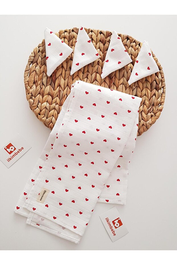 Heart Muslin Baby Blanket Handkerchief Set 85X90