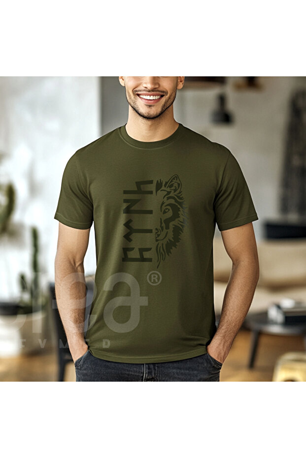 Wolf and Turkish Design Digital Printed Cotton Crew Neck T-Shirt Khaki - Khaki