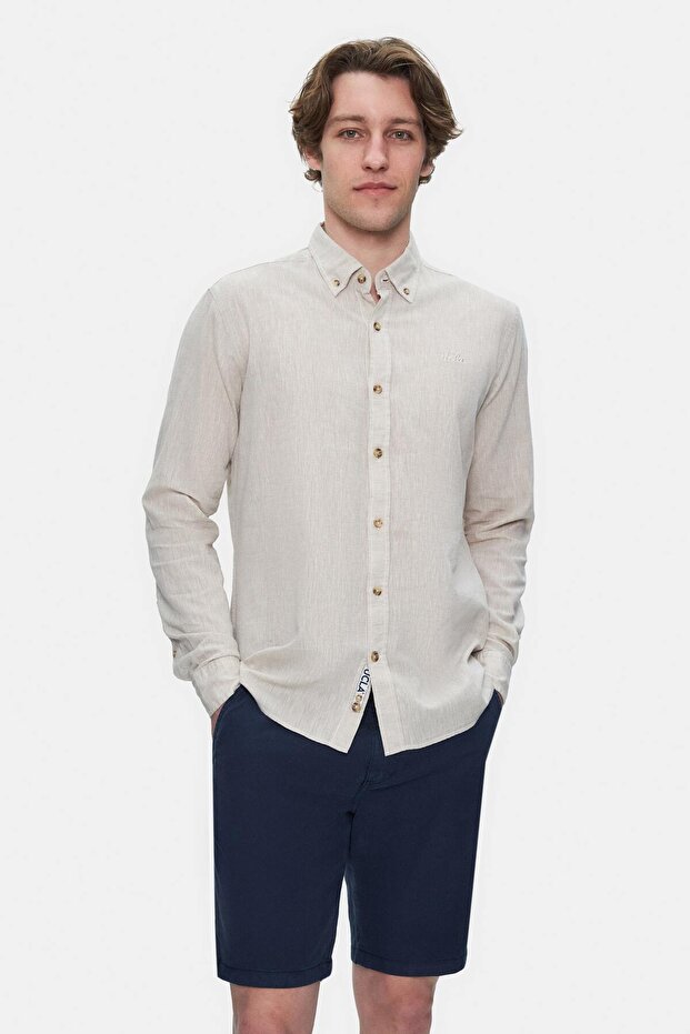 Jacquez Beige Linen Embroidered Standard Fit Men's Shirt