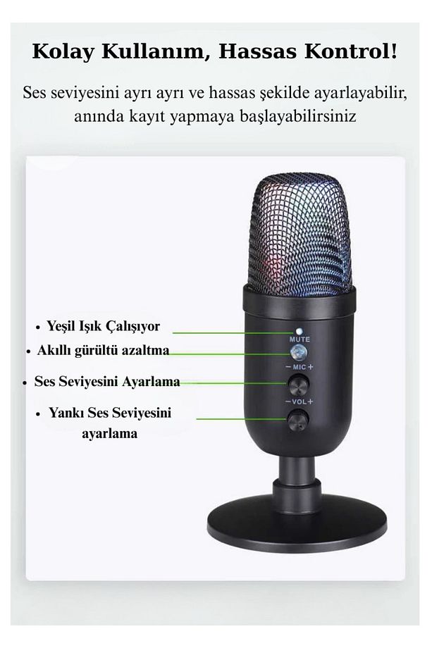 RGB Işıklı Profesyonel Kardioid Oyuncu Yayıncı Mikrofonu Stüdyo Podcast İçin - 6