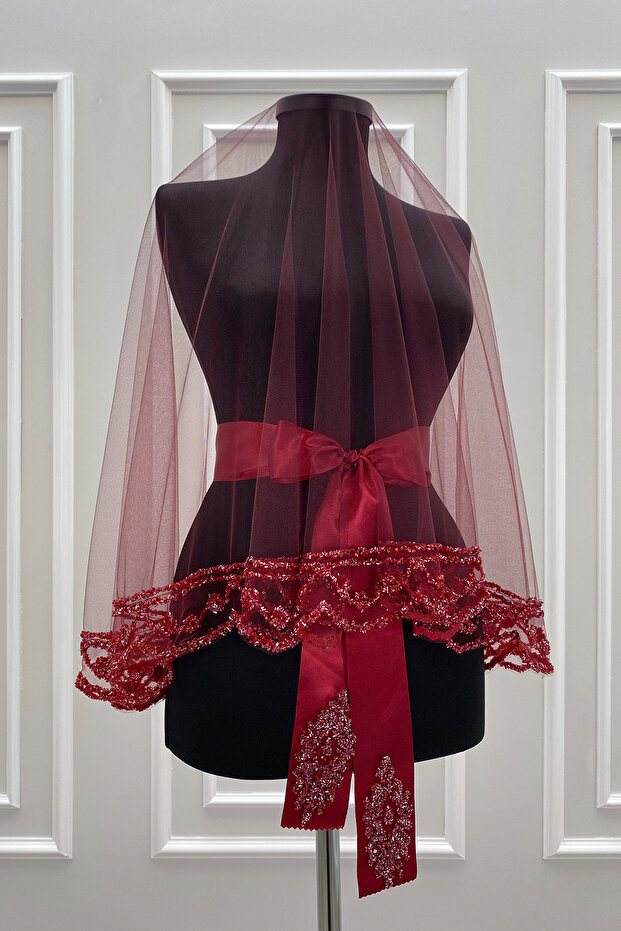 Burgundy Bridal Veil Set, Glass Beads and Sequins Printed Henna Veil Set 6 Pieces