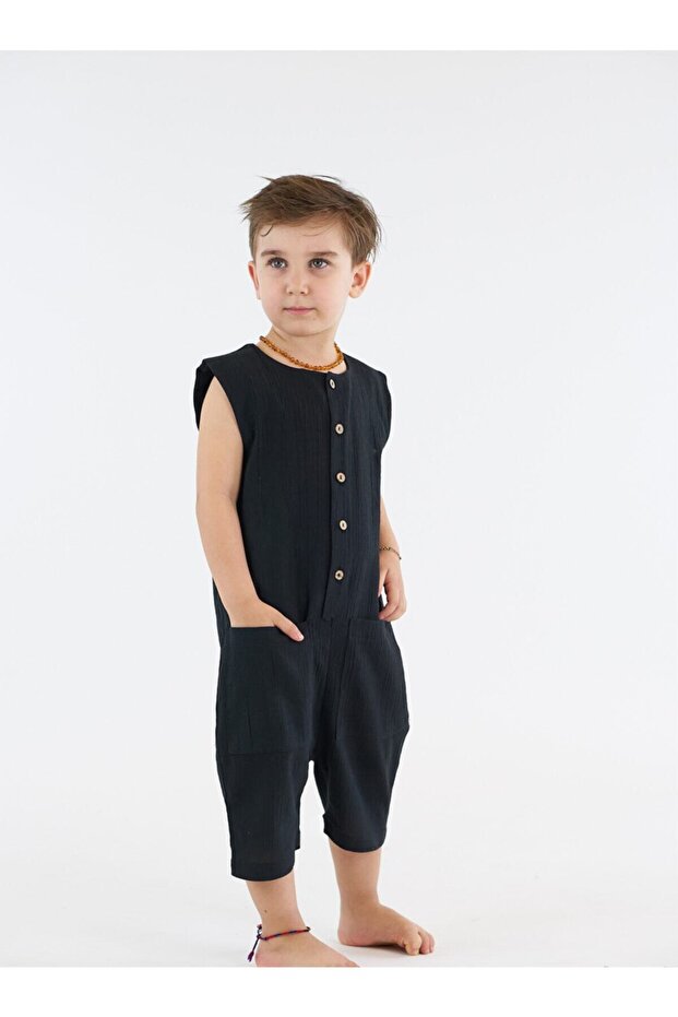 Black Muslin Shorts Overalls