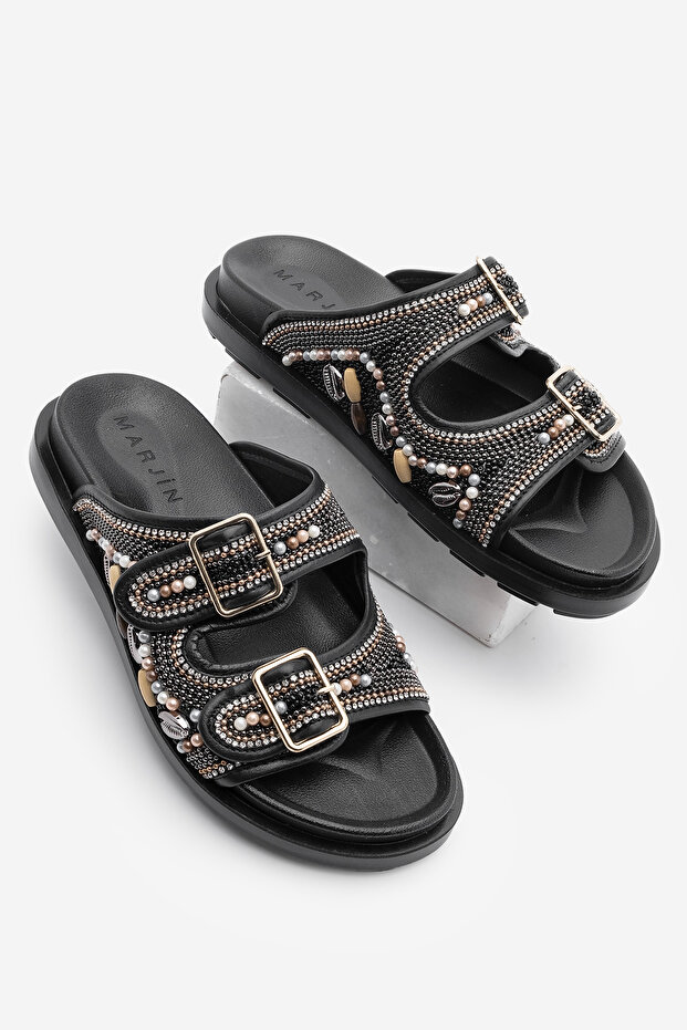 Női fekete valódi bőr gyöngyös napi papucs Ritola - 1