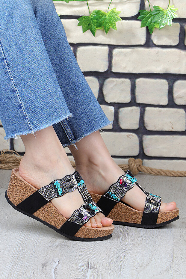 Gj Giorgia Wedge Heel Stone Detailed Comfortable Women's Slippers