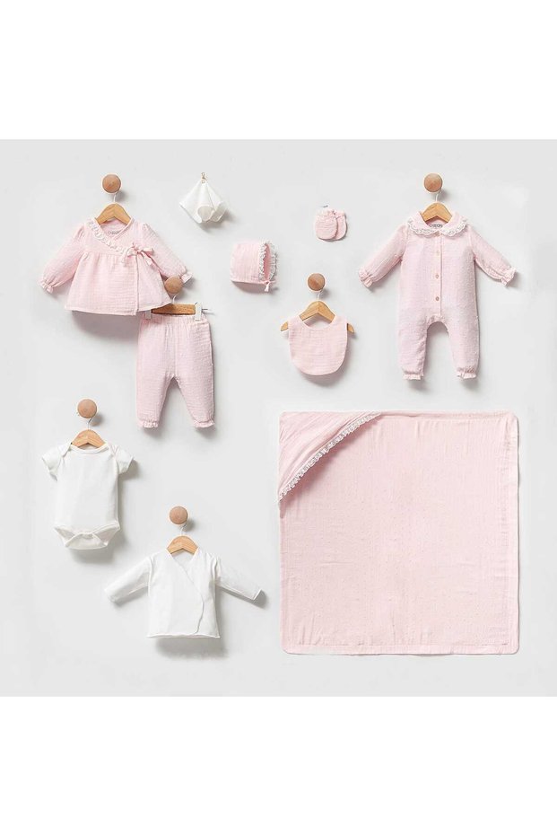 Boxed 100% Organic Cotton Muslin 10 Piece Baby Girl Lace Patterned Fabric Stylish Hospital Discharge Set