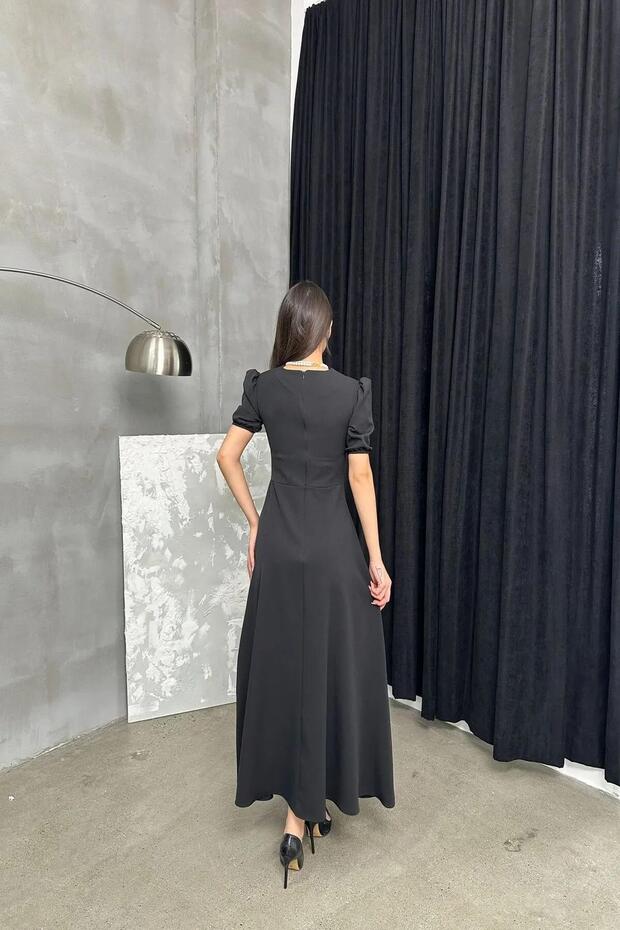 Czarna importowana sukienka midi z krepy z rękawami w kolorze arbuza i zamkiem błyskawicznym z tyłu - 5