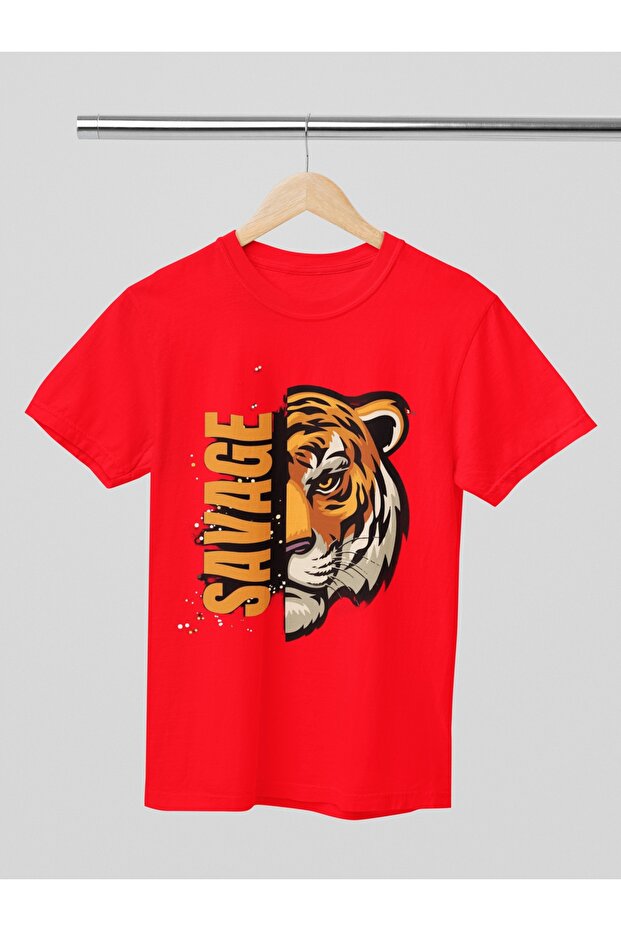 Women/Men 100% Cotton Savage Tiger Transfer Printed Round Neck Short Sleeve Tee
