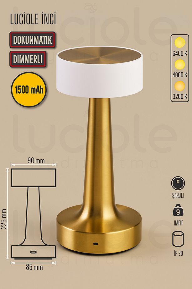 İnci Gold, Dokunmatik Dimmerli, 3 Farklı Işık Tonlu, Şarjlı ve Taşınabilir LED Masa Lambası - 8