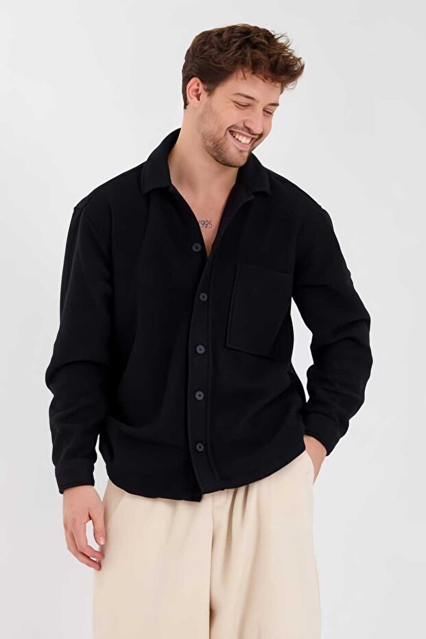 Чорна товста зимова флісова сорочка - 1