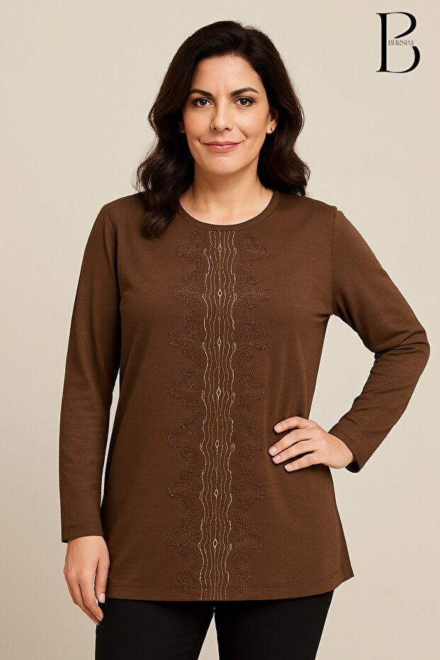 Relaxed Cut Front Waterway Stone Embroidered Mother Women's Combed Cotton Blouse