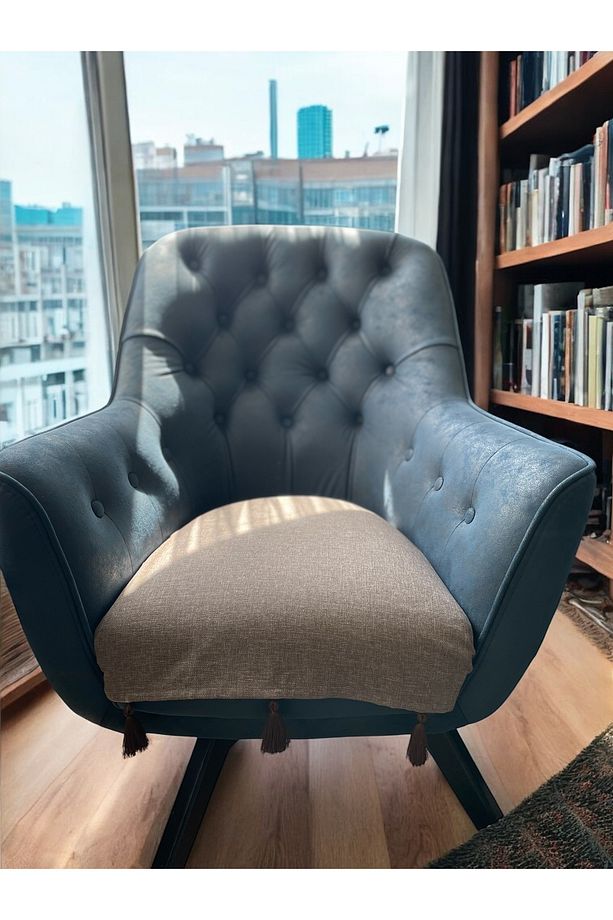 2 Adet Döşemelik Keten Kumaş Tekli Koltuk Örtüsü Püsküllü Kaymaz 80x80 Cm - 2