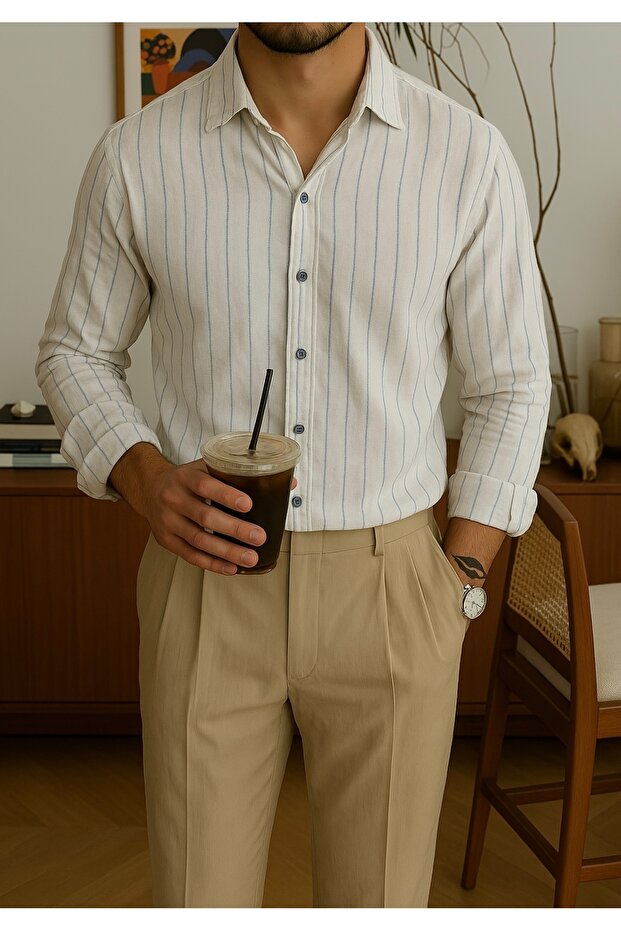 Men's Oversize Striped Old Money 100% Cotton Summer Flared Linen Look Shirt