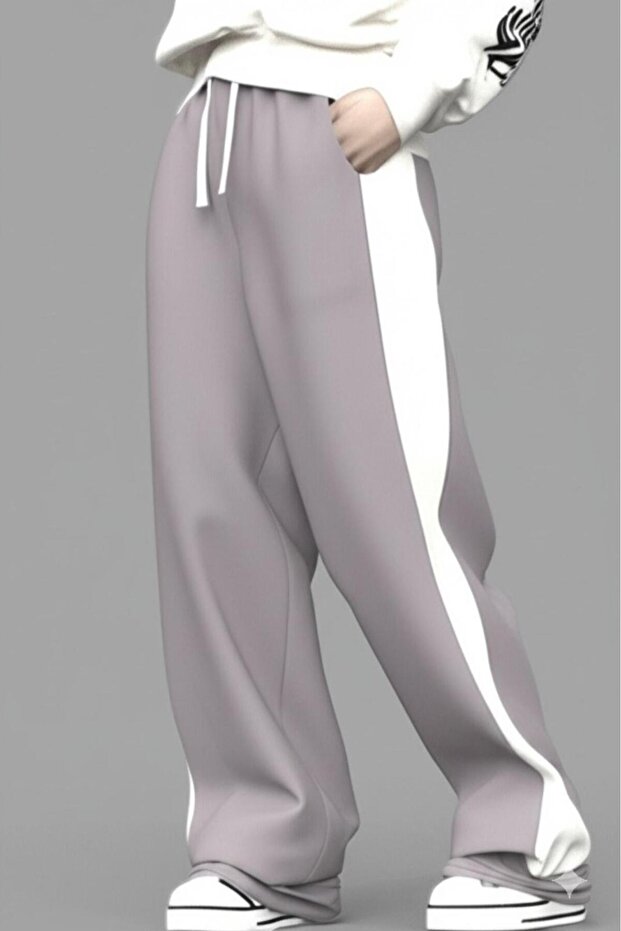 Men's Gray Side Piece White Summer Baggy Loose Leg Sweatpants