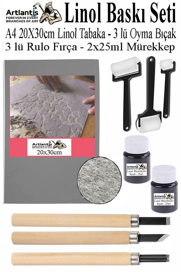 Linol Baskı Seti 1 Paket A4 20x30 Linolyum Tabaka Gri Linol Oyma Seti 3 Bıçaklı Kretuar Rulo Fırça M - 1