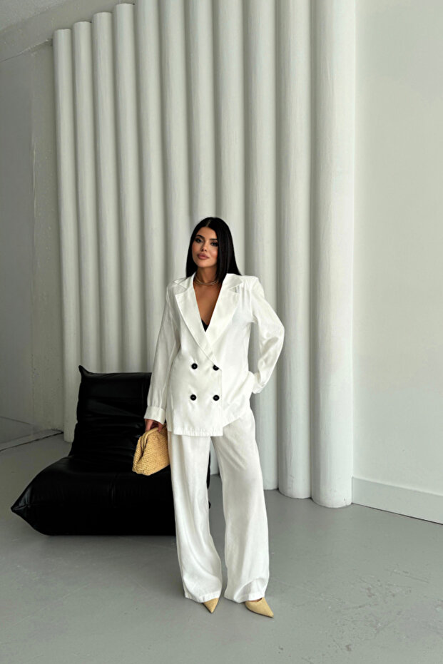 Modal 4 Button Unlined Jacket - Pants Suit - White - 2