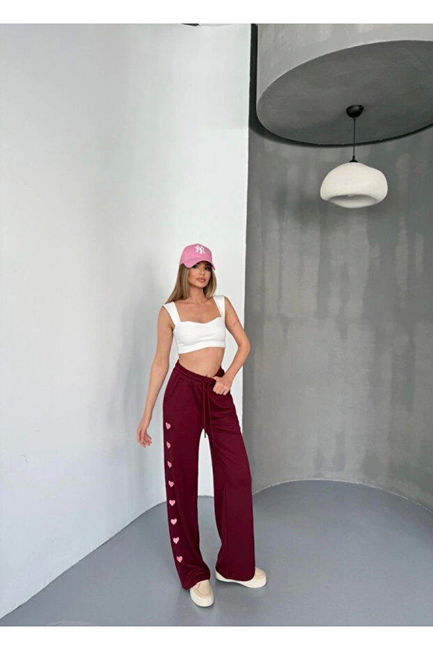 Osy Modal Soft Textured Fabric Embroidered Comfortable Loose Leg Sweatpants Pantalon - Claret Red