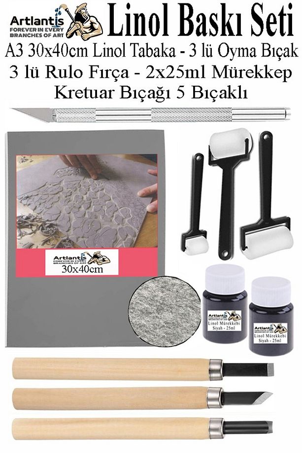 Linol Baskı Seti 1 Paket A3 30x40 Linolyum Tabaka Gri Linol Oyma Seti 3 Bıçaklı Kretuar Rulo Fırça M - 1