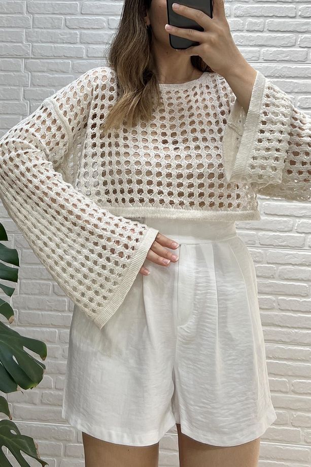 İspanyol Kol Delikli Crop Triko Bluz - 5